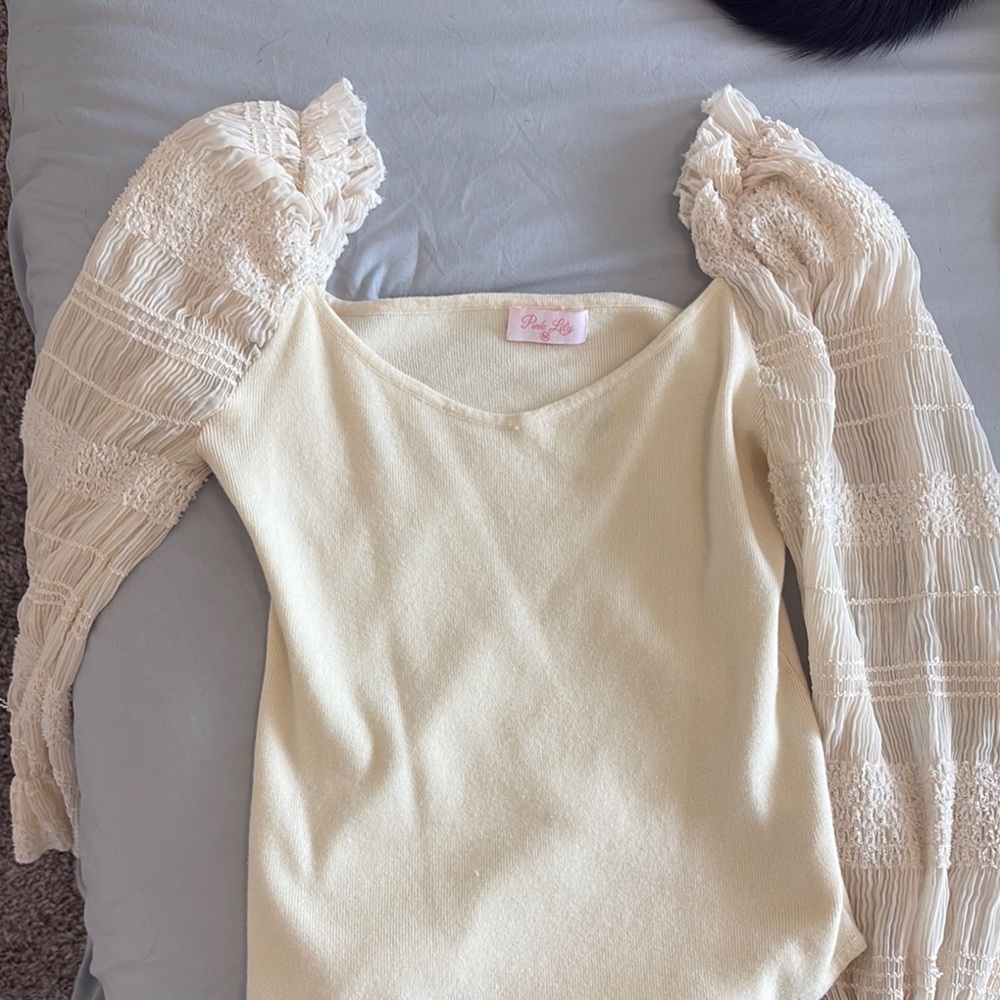 Pink Lily Cream Blouse with Textured Sleeves
